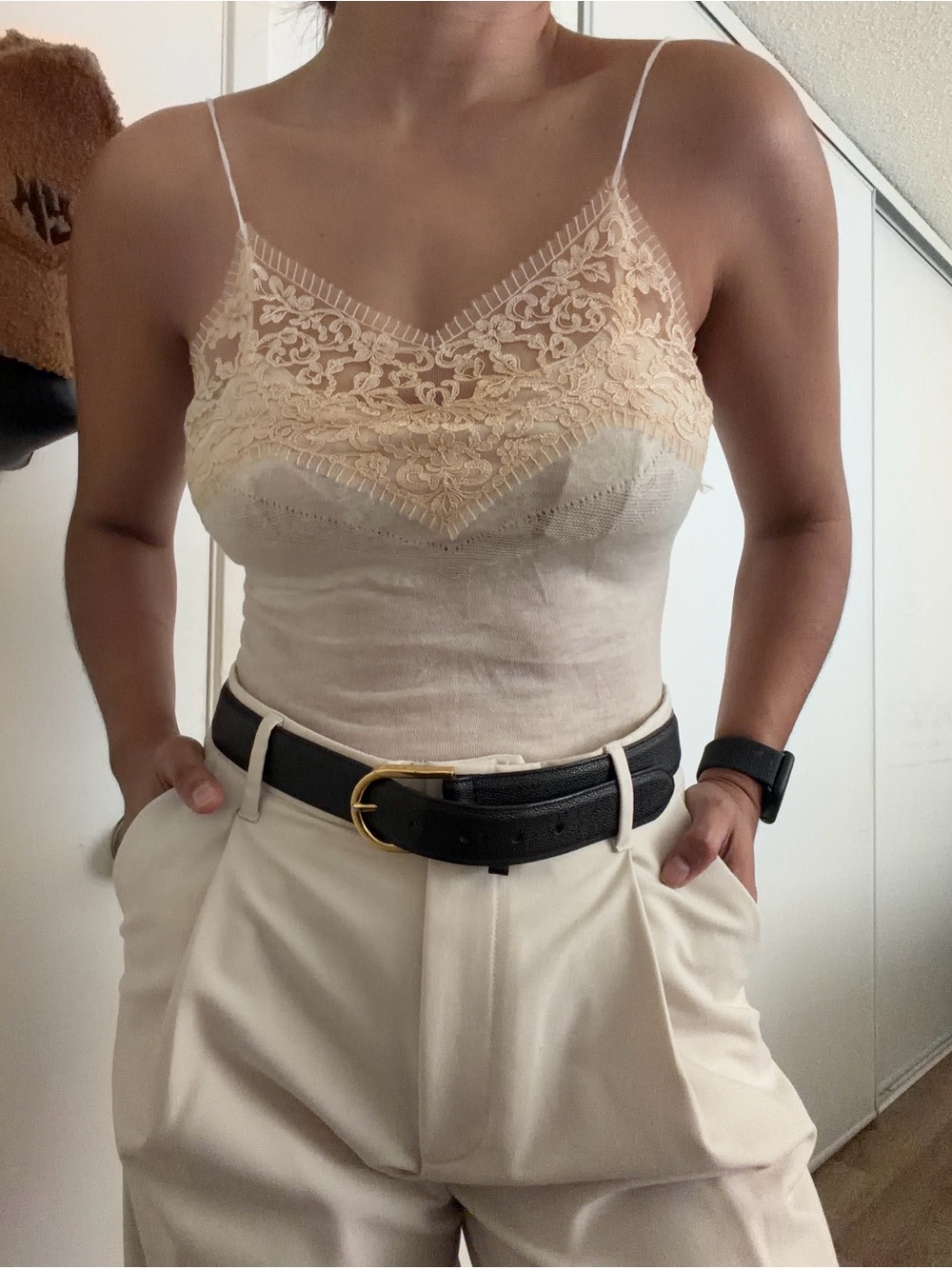 Zara Lace Trim Cami Top in light beige Size S